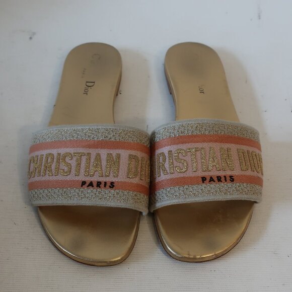 Christian Dior Gold, Pink, Silver Canvas Lurex Embroidered Flat Sandal 381/2/8.5 - Picture 1 of 8